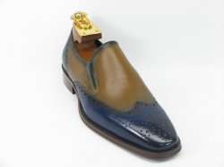Carrucci Blue / Tan Genuine Calf Leather Perforated Loafer Shoes KS261-02.