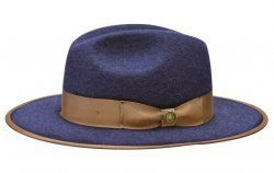 Bruno Capelo Navy Blue / Camel Australian Wool Flat Brim Fedora Hat UB-301