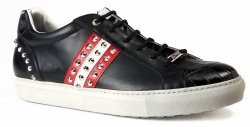 Mauri 8524 Black Genuine Baby Crocodile / Black Nappa / Red-White Nappa Leather Casual Sneakers With Metal Stud.