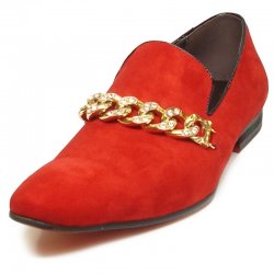 Fiesso Red Genuine Suede Leather Slip-On Shoes With Gold Chain FI6788.