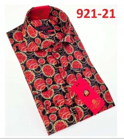 Axxess Black/ Red/ Yellow Flower Design Cotton Modern Fit Dress Shirt With Button Cuff 921-21.