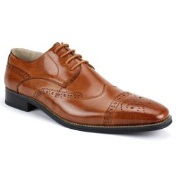 Giovanni "Brogue" Tan Genuine Calfskin Derby Lace-Up Perforated Wingtip Shoes.