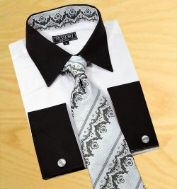 Tessori White Self Diagonal Pinstripe With Black Spread Collar / Black French Cuffs Dress Shirt With / Tie / Hanky Set With Free Cufflinks SH-307