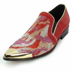 Fiesso Red Genuine Suede Leather With Rhinestones / Metal Tip Slip-On FI7089.
