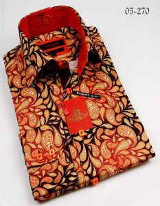 Axxess Brown Multi Paisley Handpick Stitching 100% Cotton Dress Shirt 05-270