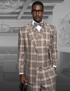 Statement Confidence "Mirage" Tan / Brown / Beige Plaid Super 150's Wool Vested Wide Leg Suit