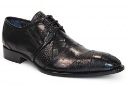 Duca Di Matiste "Imperio" Black Genuine Italian Calf Leather Crocodile/Ostrich/Lizard Print Lace-Up Dress Shoes.