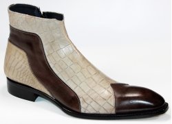 Duca Di Matiste "Aprilia" Chocolate Brown / Beige Genuine Italian Calfskin Crocodile Print Ankle Boots.