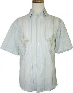 Pronti Beige With Sage Green / Sky Blue Stripes / Embroidery 100% Micro Polyester Shirt S1575