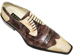 Fiesso Coffee/Vanilla Alligator Print Leather Shoes With Wing-Tip FI8079