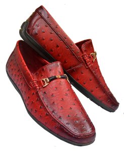 Tayno "Ozzie" Red Burnished Ostrich Embossed Vegan Leather Bit Strap Loafers