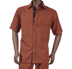 Giorgio Inserti Rust / Black Woven Plaid Design Microfiber Blend Short Sleeve Outfit 738