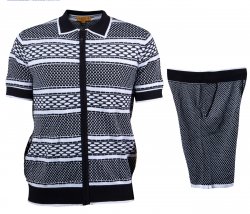 Prestige Black / White Knitted Multi Pattern Zip-Up Short Set Outfit CKJ-140