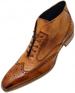 Duca 1102 Cognac Python Embossed Calfskin Wingtip Lace-Up Ankle Boots