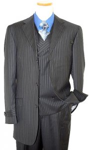 Steve Harvey Collection Black/Charcoal Grey Woven Pinstripes French Cuffs Super 120's Merino Wool Suit RL41437