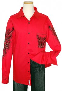 Prestige Red with Black/Silver Lurex Embroidered Design With Black Metal Studs 100% Cotton Shirt COT931