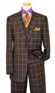 Luciano Carreli Charcoal Grey / Purple / Mustard Gold Double Windowpanes Super 150's Wool Vested Suit 6296-9501