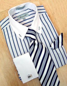 Fratello White/Navy Stripes Shirt/Tie/Hanky Set DS3720P2