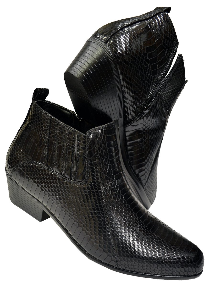 Antonio Cerrelli Black Vegan Leather Python Print Cuban Heel Chelsea Boots