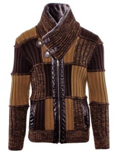 LCR Camel / Brown Zip-Up Modern Fit Wool Blend Faux Fur Shawl Collar Sweater 5495
