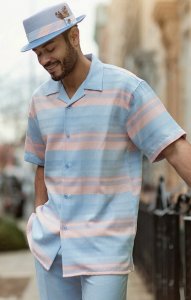 Montique Light Blue / Pink Horizontal Striped Woven Short Sleeve Outfit 1727