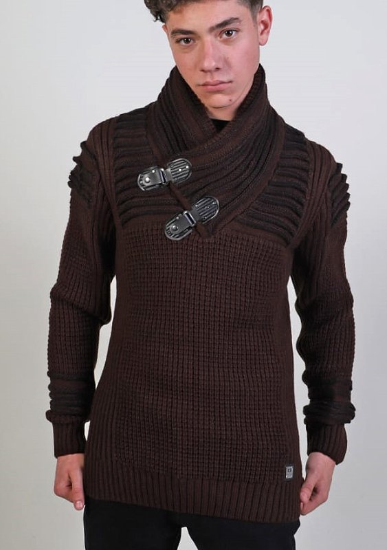 Brown / Black Pull-Over Buckled Shawl Collar Modern Fit Sweater W122