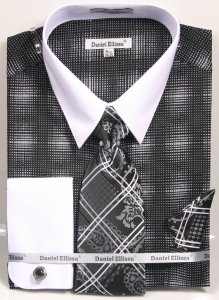 Daniel Ellissa Black / White Woven Design Dress Shirt / Tie / Hanky / Cufflink Set DS3796P2