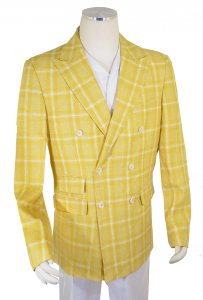 Cigar Couture Yellow / White Linen Plaid Double Breasted Cotton Blazer J-5703
