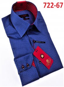 Axxess Navy Polka Dot Design Cotton Modern Fit Dress Shirt With Button Cuff 722-67.