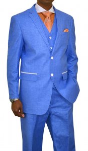 Silversilk Ocean Blue Coated Linen Casual Vested Suit With White Microsuede Elbow Patches 7221V