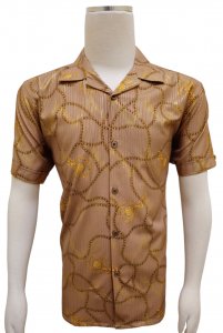 Pronti Camel / Gold Medusa Greek Chain Design Short Sleeve Shirt S6670