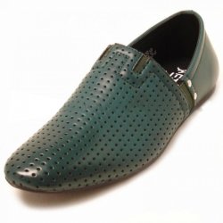 Fiesso Green Leather Perforated Loafer Shoes FI2134