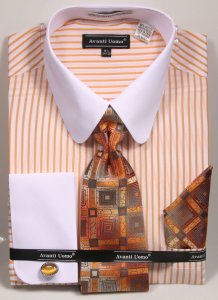 Avanti Uomo White / Caramel Vertical Striped Dress Shirt / Tie / Hanky / Cufflink Set DN80