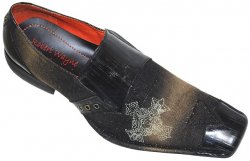 Robert Wayne "Velvet" Black/Tan with White Embroidered Denim Leather Loafers