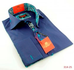 Axxess Navy Blue / Turquoise Handpick Stitching 100% Cotton Regular Fit Dress Shirt 314-25