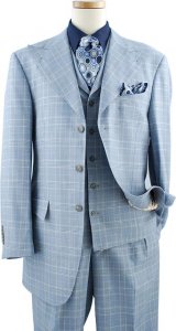 Masteloni Collection Sky Blue / White / Navy Blue Plaid Super 150'S Vested Suit 4520
