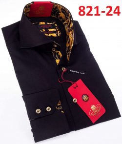 Axxess Black/ Gold Cotton Modern Fit Dress Shirt With Button Cuff 821-24.