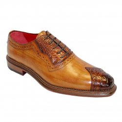 Fennix Italy "Ethan " Cognac Genuine Alligator / Calf-Skin Leather Lace-Up Oxford Shoes.
