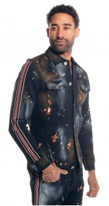 Stacy Adams Rustic Black Paint Splatter Cotton Modern Fit Denim Jacket Outfit 1591