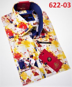 Axxess Yellow / Red / White Cotton Modern Fit Dress Shirt With Button Cuff 622-03.