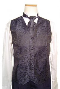 Tessori Black/Paisley Design Dress Vest/NeckTie/BowTie/Hanky Set