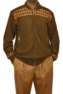 SilverSilk Kingwood / Rust Knitted Front Zipper Stripes Sweater Jacket With Elbow Patches 5993