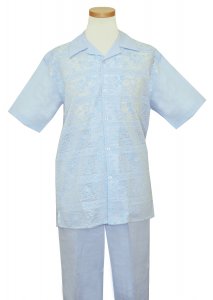 Successos Sky Blue / White Embossed Floral Design 100% Linen 2 Piece Short Sleeve Outfit SP3330