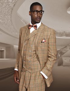 Statement Confidence "Terni" Camel / Rust / Black / Olive Green Plaid Super 150's Wool Vested Wide Leg Suit