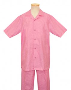 Steve Harvey Solid Cotton Candy Pink Woven Design Coated Linen 2 Piece Short Sleeve Outfit # 7112S