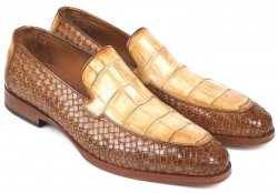 Paul Parkman "6319BJ53" Beige Genuine Crocodile / Woven Leather Loafer Shoes.