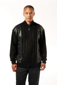 Silversilk Black Knitted / Vegan Leather Python Embossed Zip-Up Sweater 4209