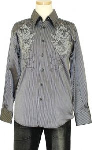 Pronti Silver / Black Metalic Striped Embroidered Long Sleev Shirt S5851