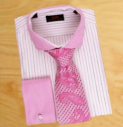 Steven Land Pink / White Pinstripe Design With Pink Spread Collar / French Cuffs 100% Cotton Dress Shirt DS1542