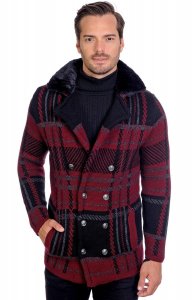 LCR Burgundy / Black / Grey Double Breasted Modern Fit Wool Blend Sweater Jacket 6290